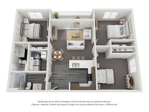 Floor plan for 3 beds, 2 baths, 1142 sqft